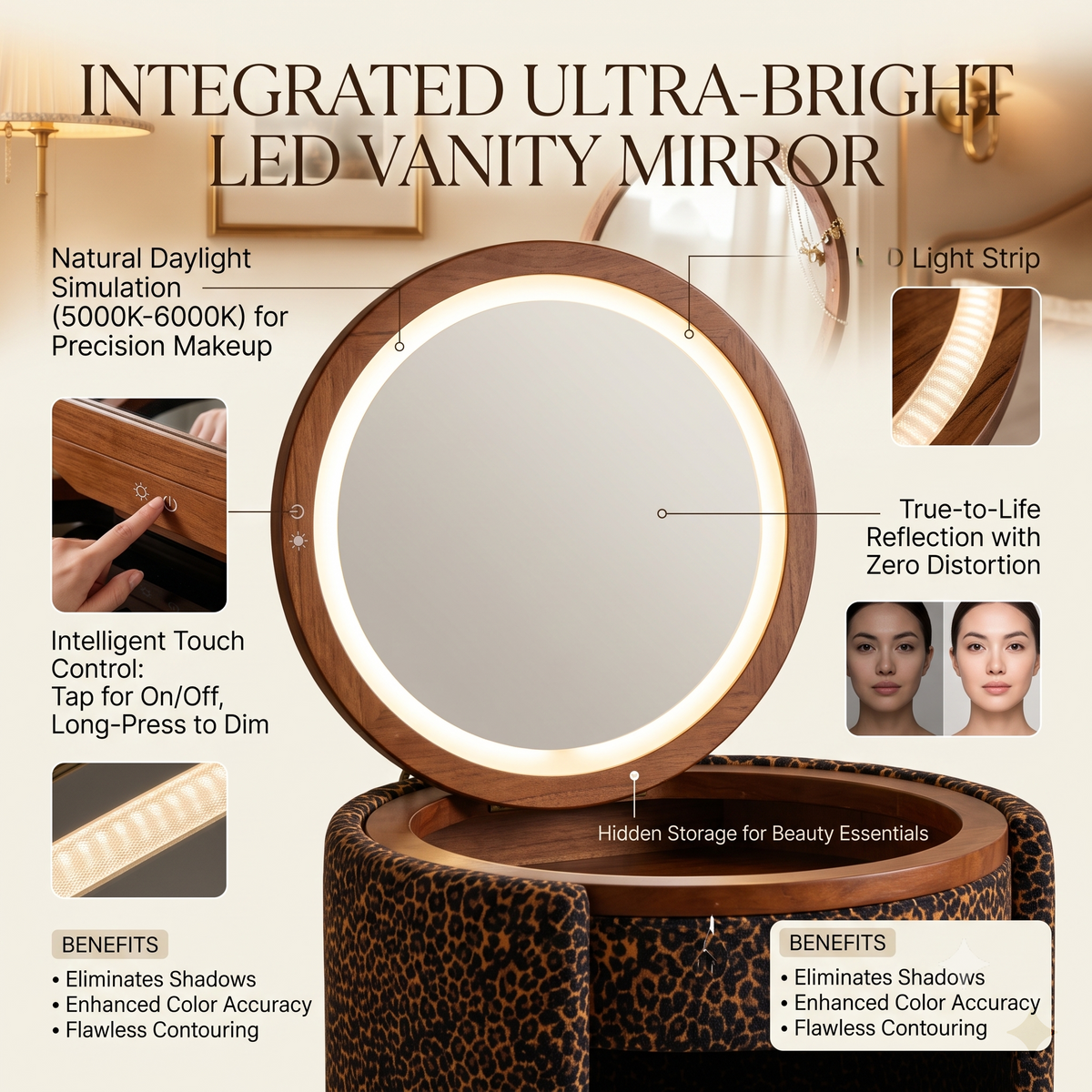 🎉 Exclusive Deal · Limited Stock🎉 Modern Makeup Vanity Set with LED Mirror, Stool & Large Storage